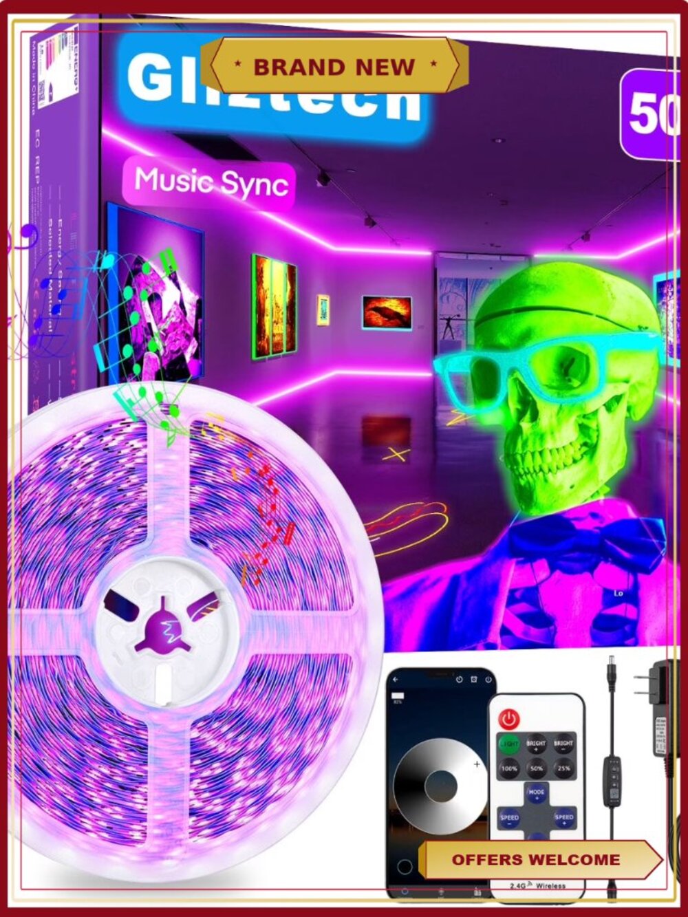 50FT Black Light LED Strip App Control Remote Self Adhesive UV Light Glow Party